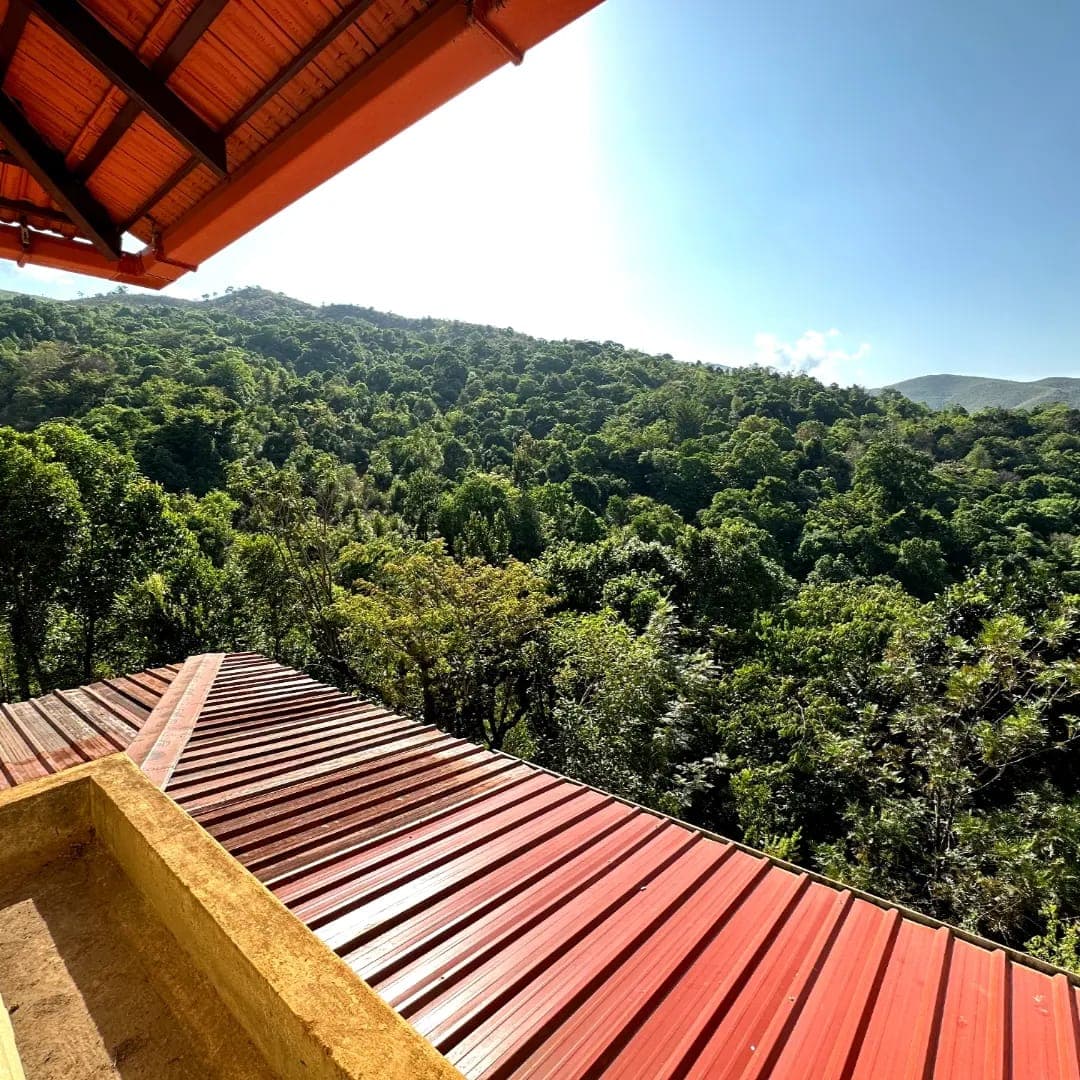 View of forested Western Ghats hills from the balcony of Mullodi homestay